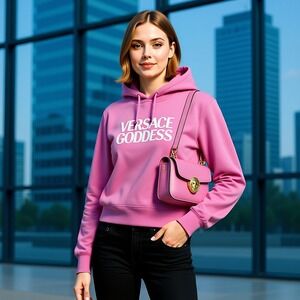 Versace Goddess Pink Hoodie – Size 46 Italy/US Large, Model# 1009060, Authentic